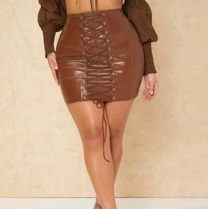 SXY Lace up front leather bodycon mini skirt